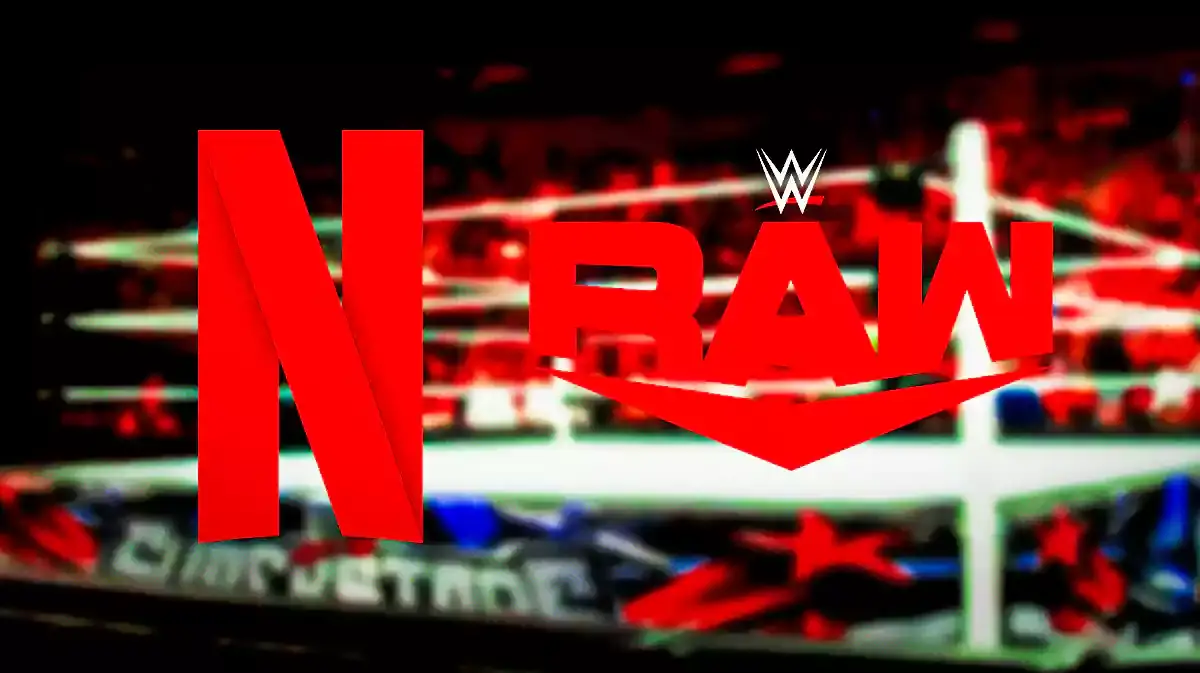 Netflix logo and Monday Night Raw logo with WWE ring.