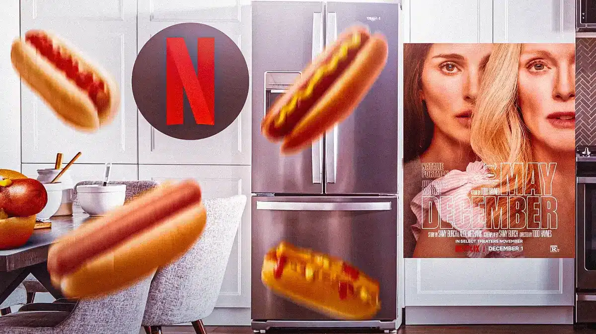 Netflix logo next to May December poster with hot dog and refrigerator background.