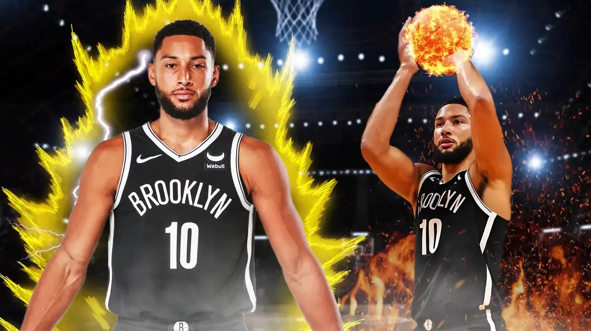 Ben Simmons with super saiyan aura. In the background is another photo of Simmons shooting or dunking the ball on fire