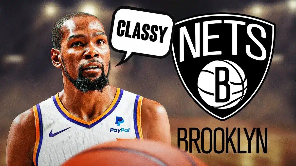 Suns' Kevin Durant with speech bubble “Classy” next to a Brooklyn Nets logo