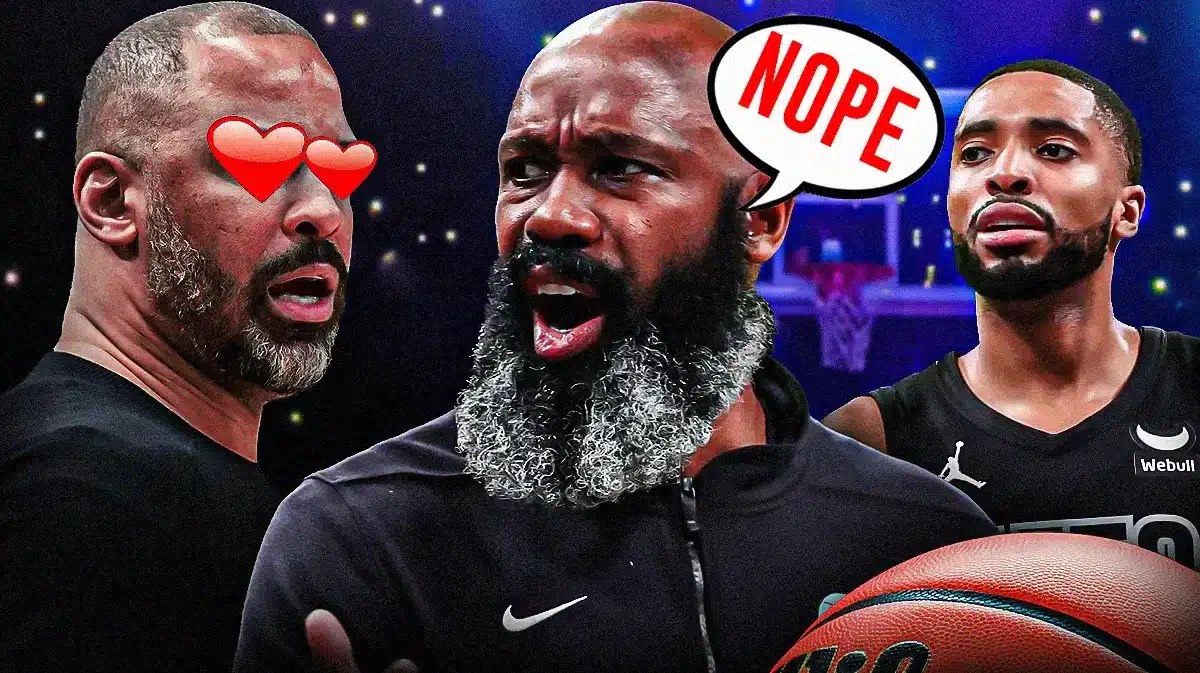 Rockets coach Ime Udoka on left with heart emoji eyes, Nets coach Jacque Vaughn in the middle with speech bubble “Nope.” Mikal Bridges on the right.