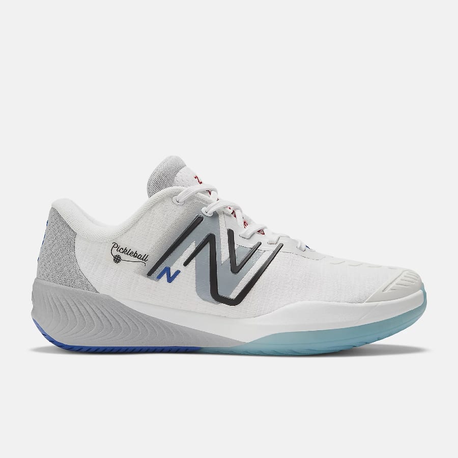 New Balance FuelCell 996v5 Pickleball - White/Gray/Team Royal colorway on a light gray background.