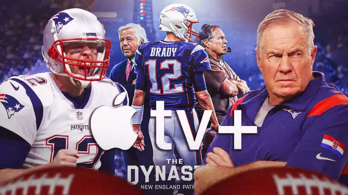 Tom Brady and Bill Belichick with The Dynasty: New England Patriots poster and Apple TV+ logo between them.
