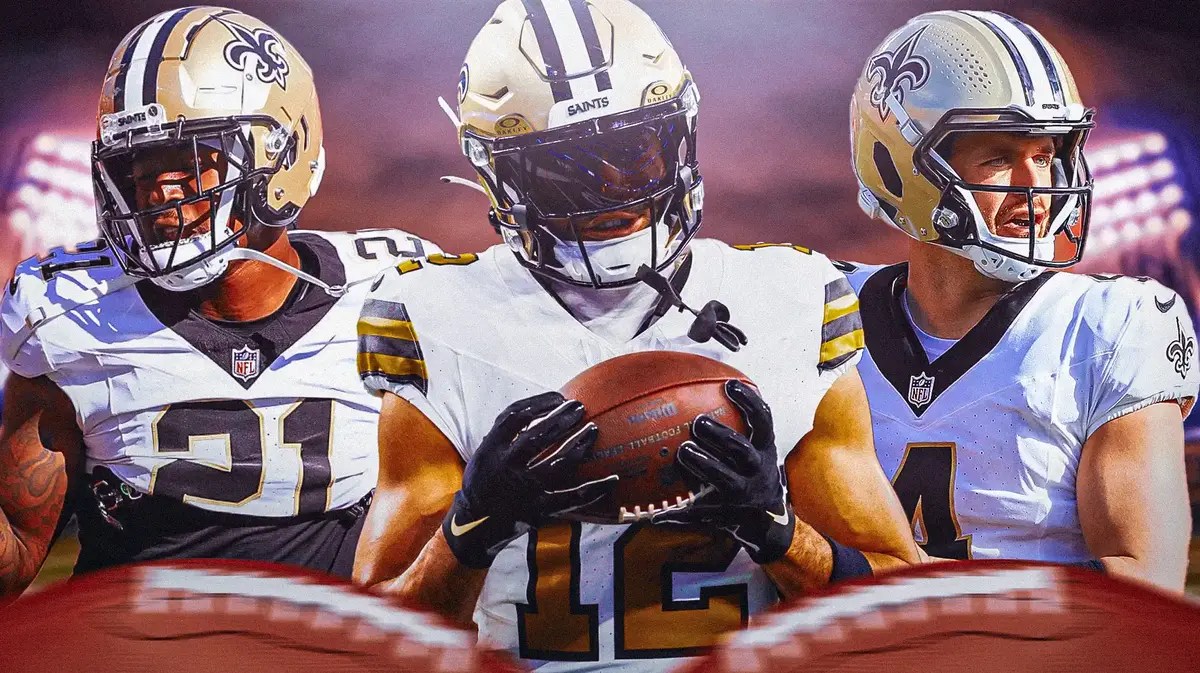 Derek Carr, Jamaal Williams, Chris Olave all beside each other with flames in the background.
