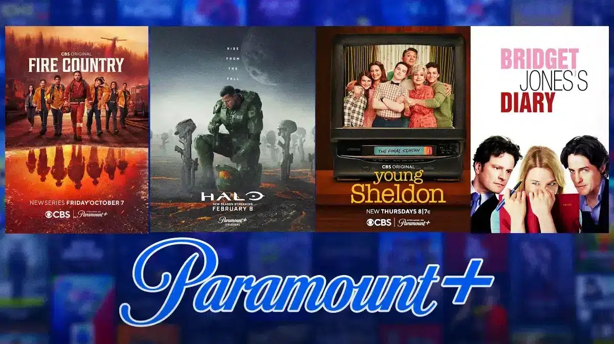 Collage of pics from movie/tv posters for Halo, Fire Country, Young Sheldon and Bridget Jones' Diary, along with the Paramount+ logo.