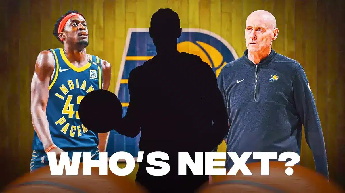 Mystery player in the center, Pascal Siakam on one side, Coach Rick Carlisle on the other side, and the Indiana Pacers wallpaper in the background.