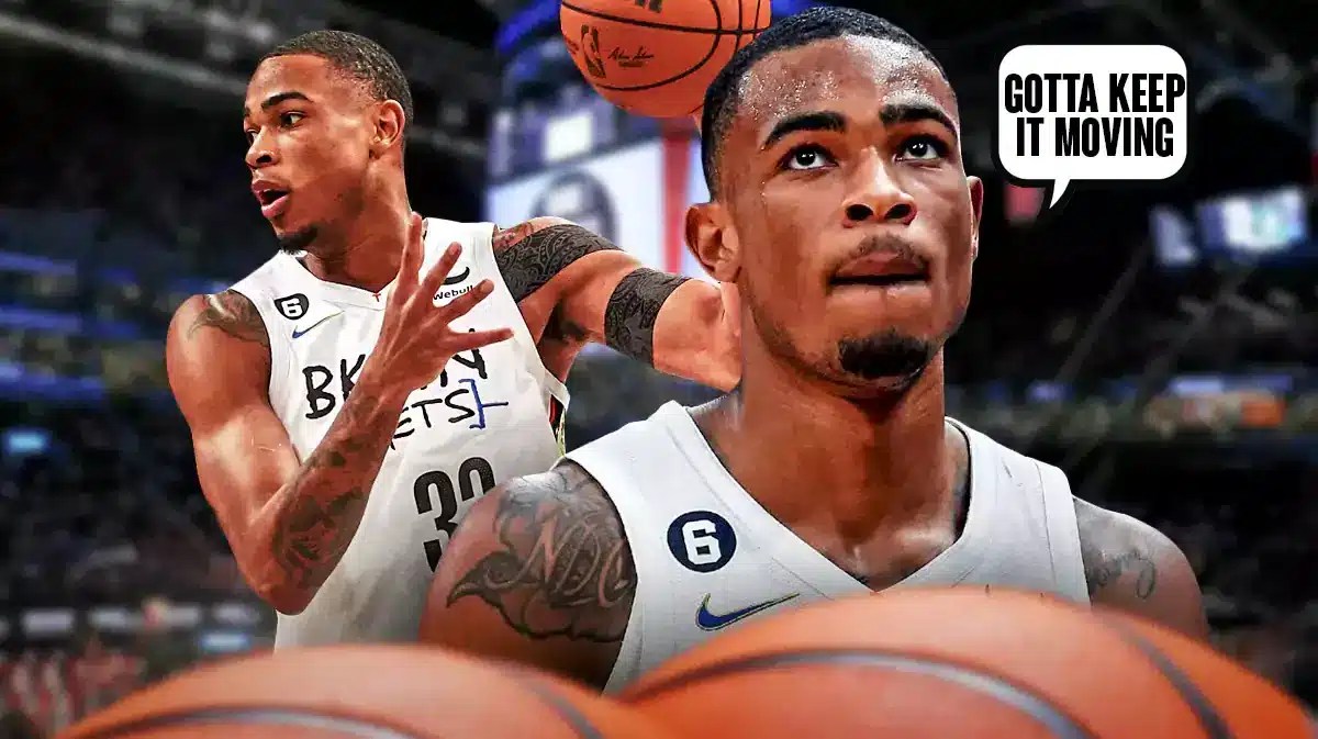 Photo: Nic Claxton in Nets jersey saying “Gotta keep it moving”