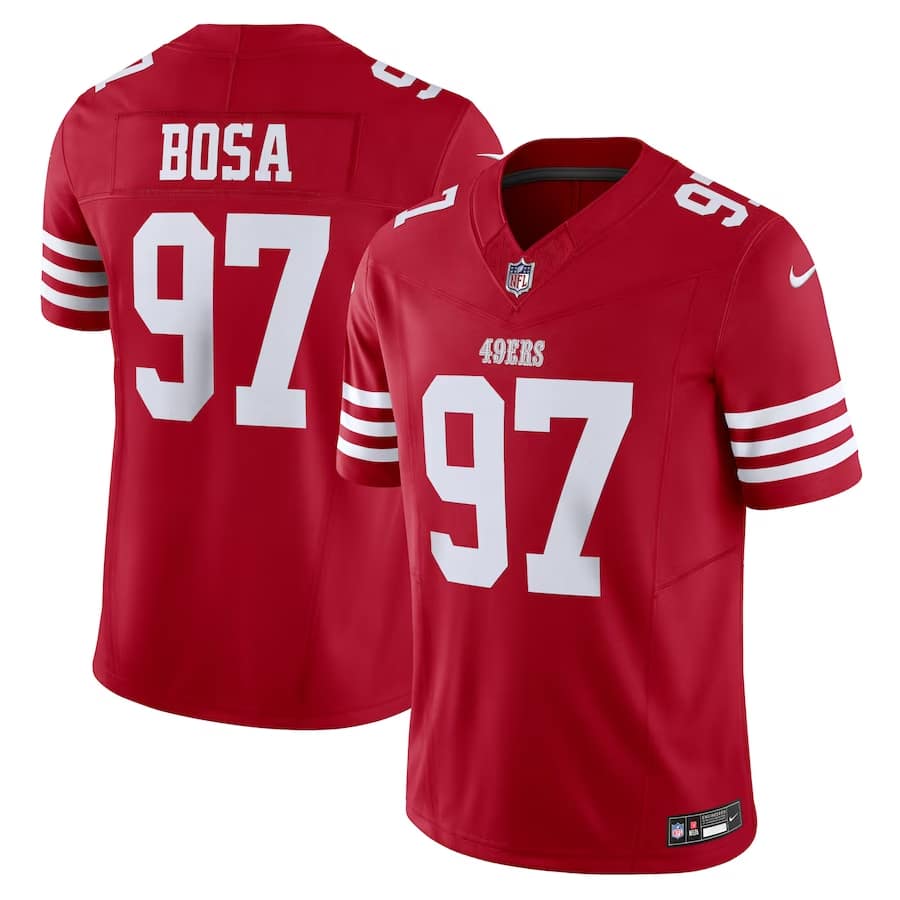 Nick Bosa San Francisco 49ers Nike Vapor F.U.S.E. Limited Jersey - Scarlet colored on a white background.