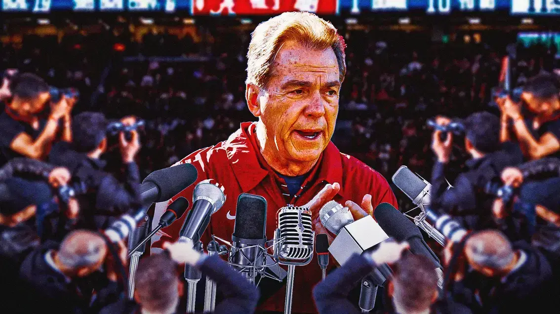 Photo: Nick Saban as TV analyst with mic in his hand