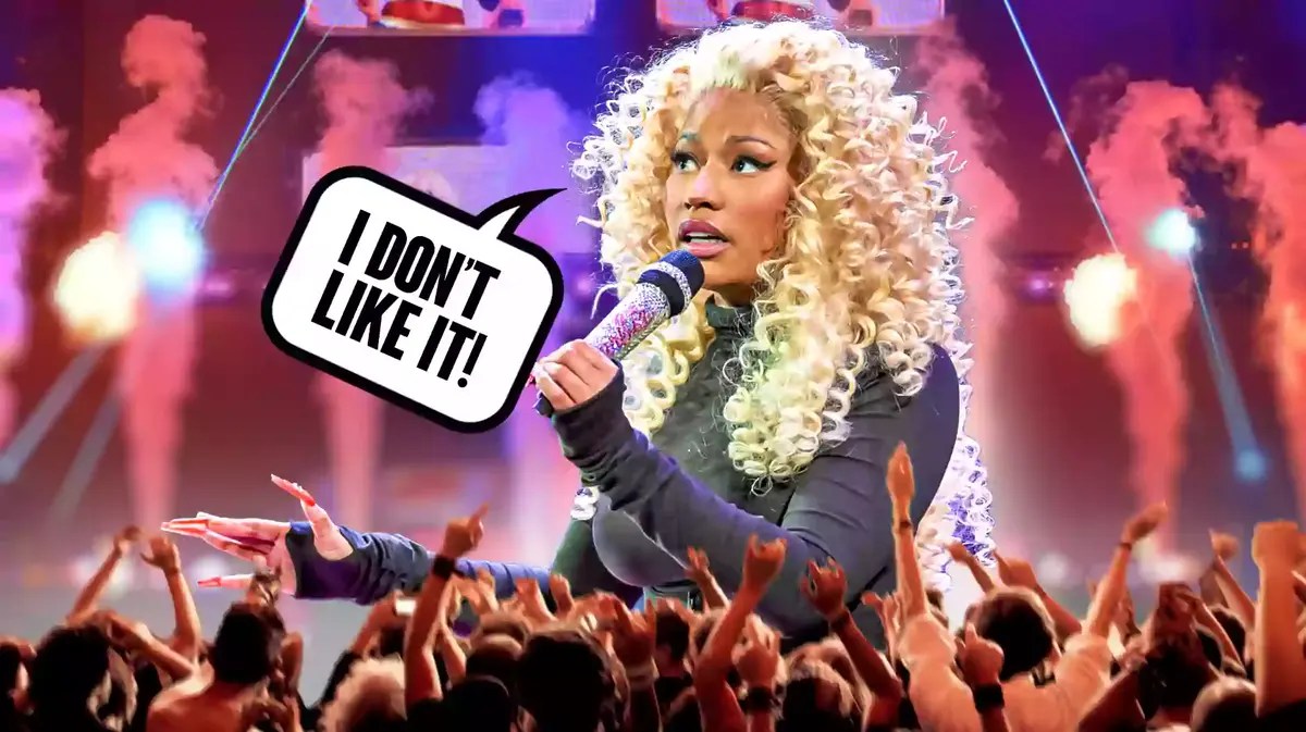 Nicki Minaj on stage with speech bubble, “I don’t like it!”