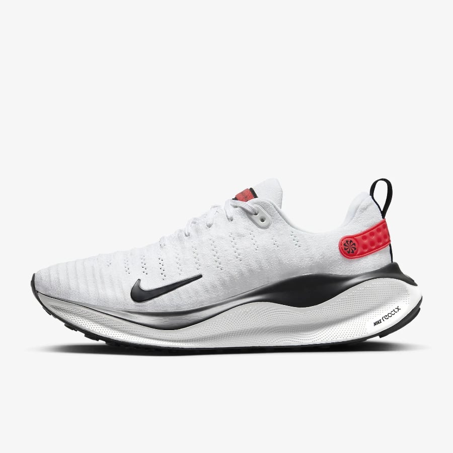 Nike InfinityRN 4 - White/Platinum Tint/Light Crimson/Velvet Brown colorway on a light gray background.