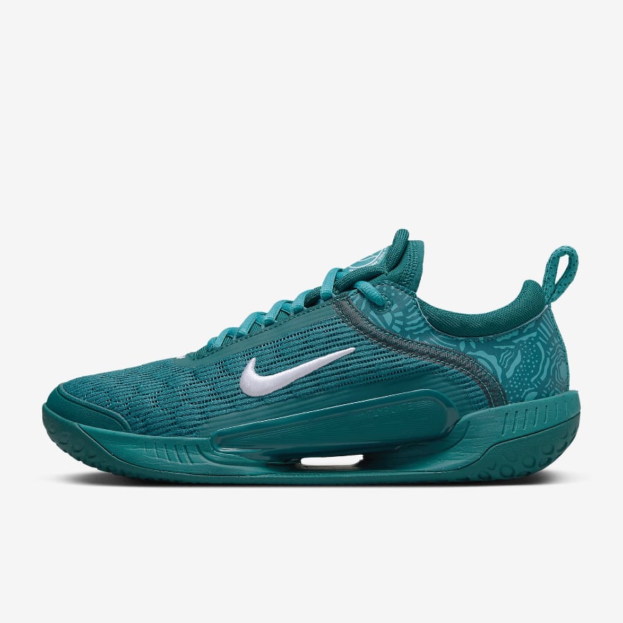 NikeCourt Air Zoom NXT - Geode Teal/Teal Nebula/White colorway on a light gray background.