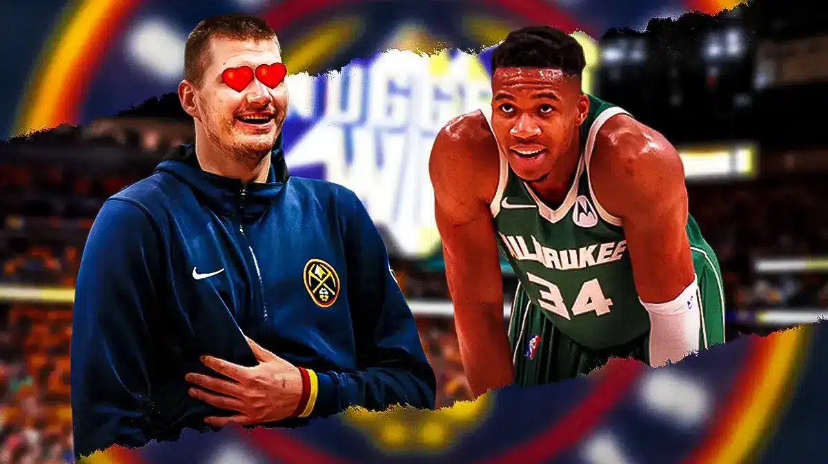 Nikola Jokic with heart eyes looking at Giannis Antetokounmpo