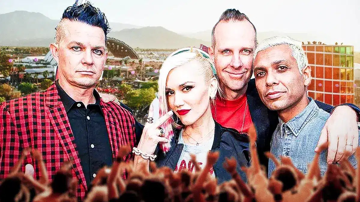 Members of the band No Doubt in front of images from Coachella in the background