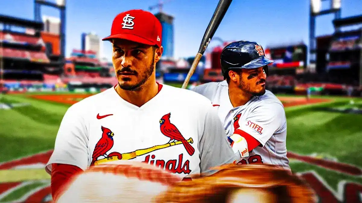 Cardinals' Nolan Arenado in front looking serious. In background, Cardinals' Nolan Arenado swinging a baseball bat.