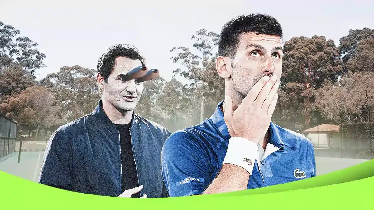 Photo: Novak Djokovic in action at Australian Open, Roger Federer looking at him with peeping eyes