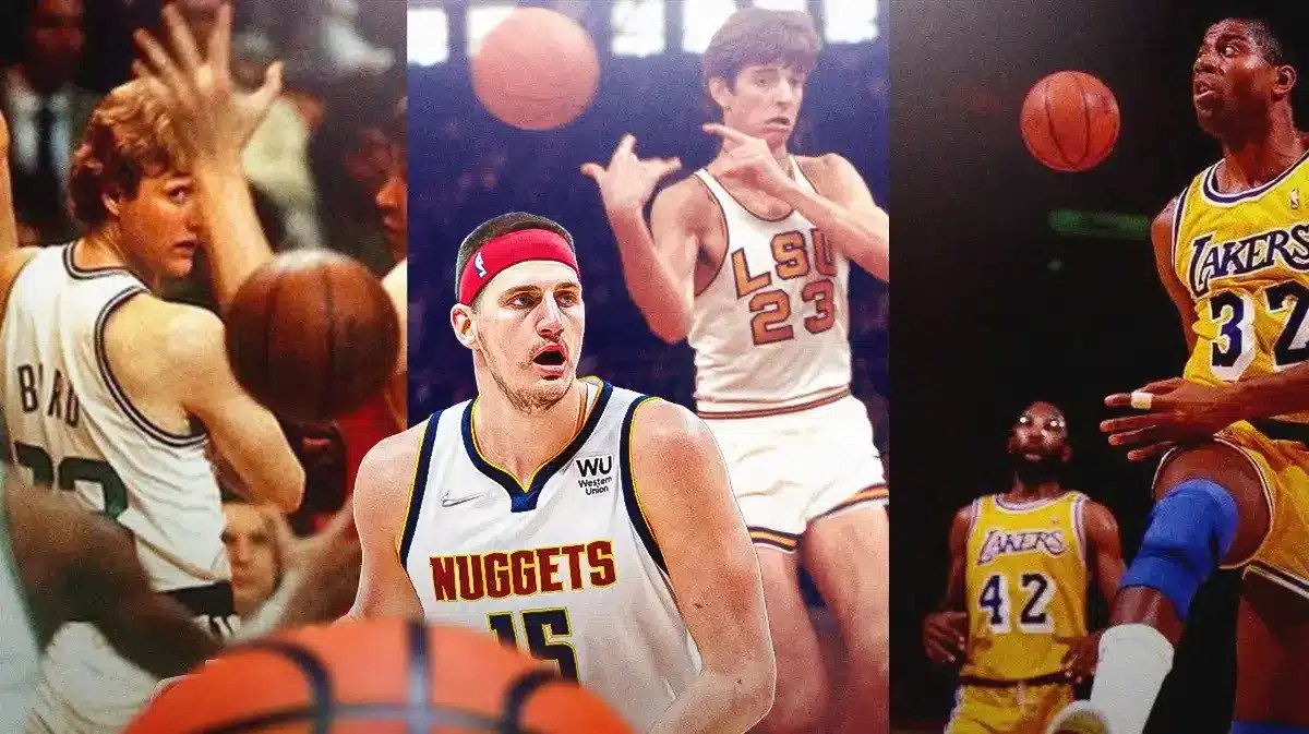 Nuggets center Nikola Jokic with Larry Bird, Pete Maravich and Magic Johnson behind him