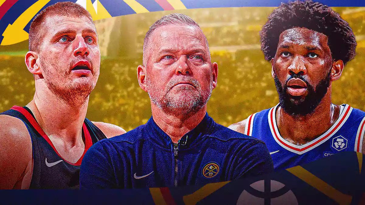 Nikola Jokic and Michael Malone opposite Joel Embiid with the Nuggets arena in the background, Sixers