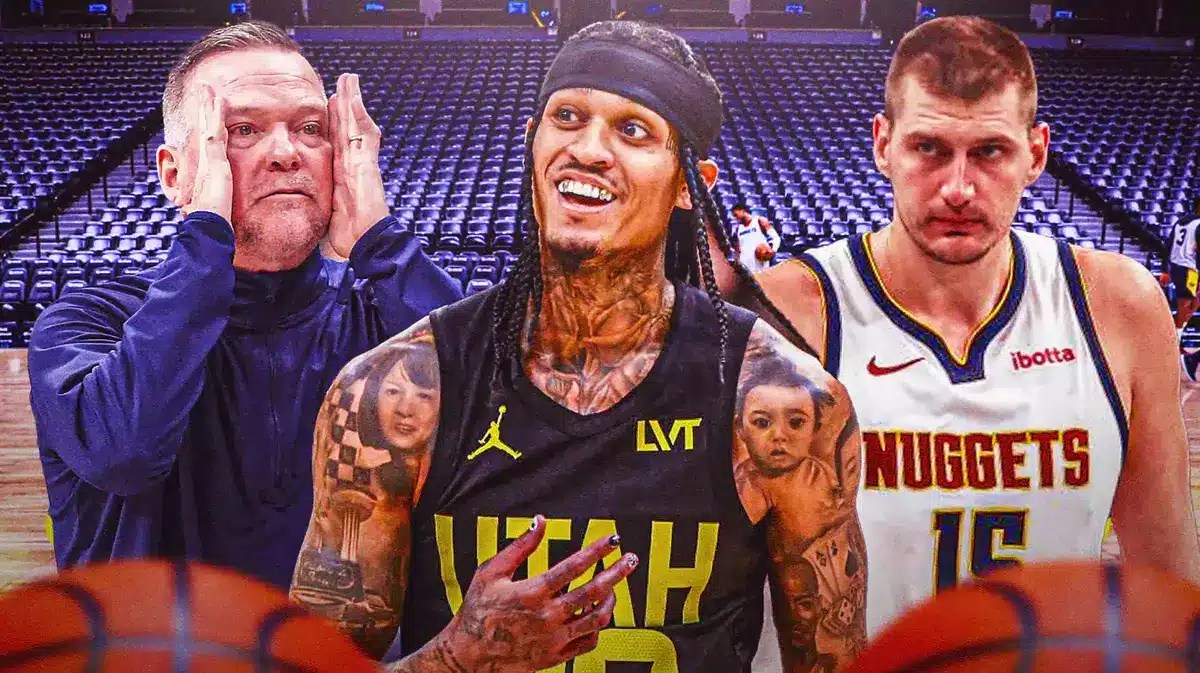 Nuggets Michael Malone and Nikola Jokic, next to a smiling Jordan Clarkson.