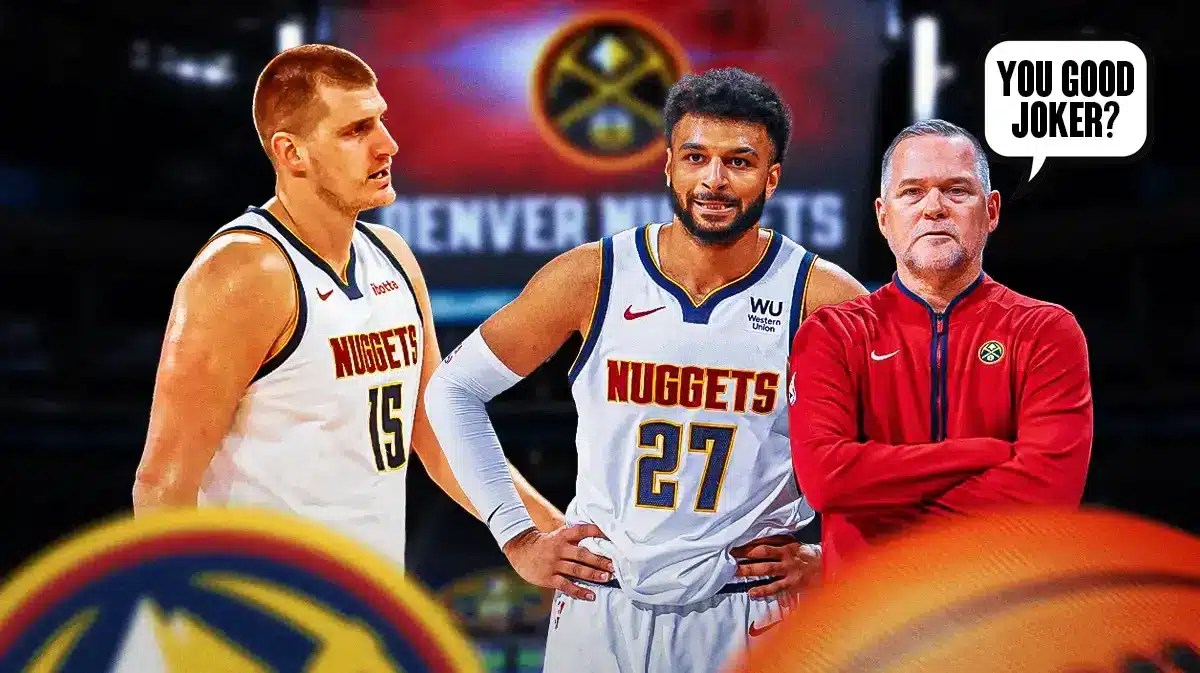 Michael Malone and Jamal Murray asking "You good Joker?" to Nikola Jokic
