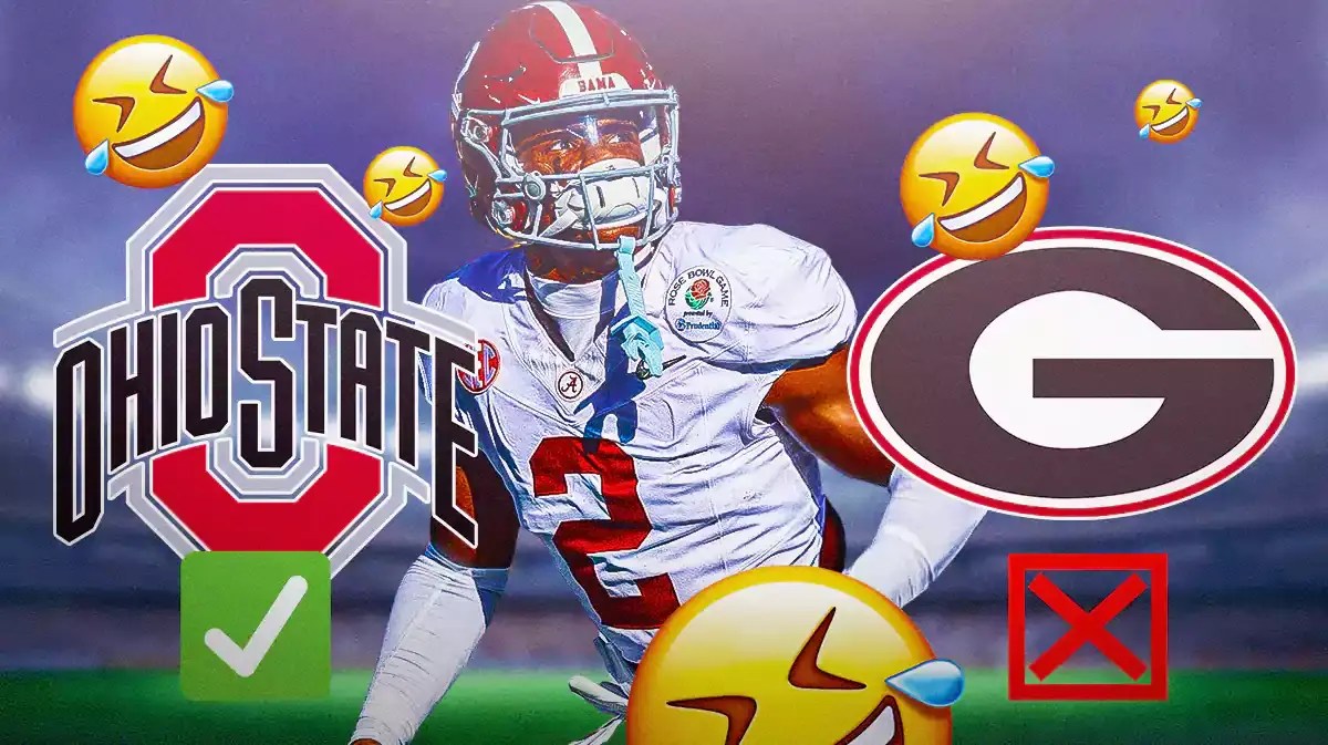 Caleb Downs hyped up, with the Ohio State football and Georgia football logos beside Downs. Check mark under the Ohio State logo and cross mark under the Georgia logo, with rofl emojis around Downs
