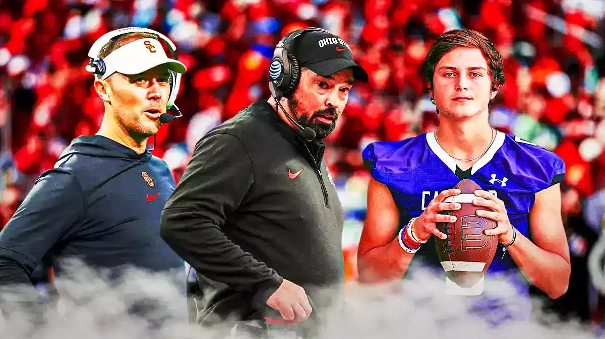 USC coach Lincoln Riley and Ohio State coach Ryan Day looking at Julian Sayin.