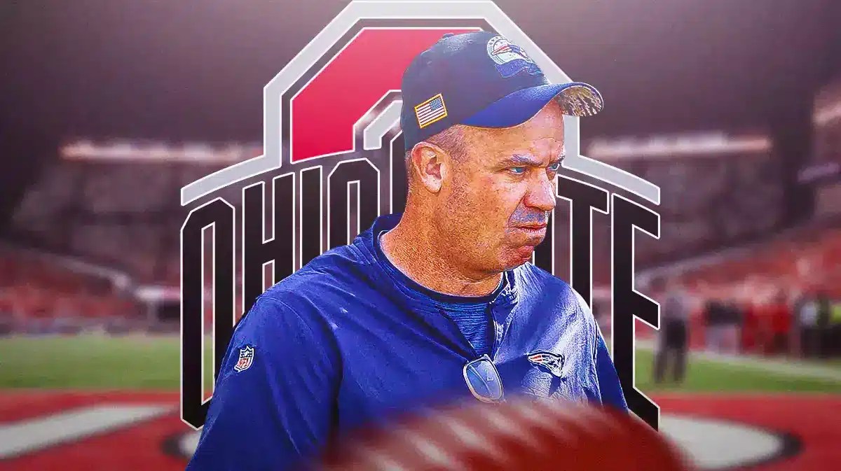 Former Patriots coach Bill O'Brien standing in front of Ohio State football logo, Big 10 fans in background