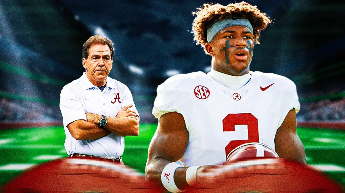 Ohio State football player Caleb Downs, with Nick Saban behind him watching.
