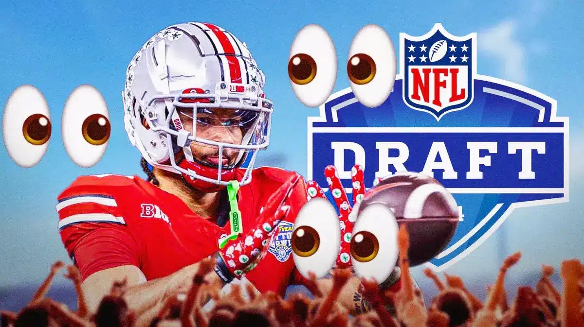 Emeka Egbuka with eyeball emojis around him. 2024 NFL Draft logo near him