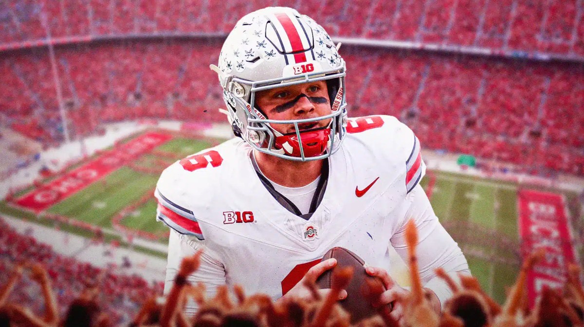Ohio State football, Syracuse football, Buckeyes, Orange, Kyle McCord,Kyle McCord in Ohio State uni with Ohio State football stadium in the background