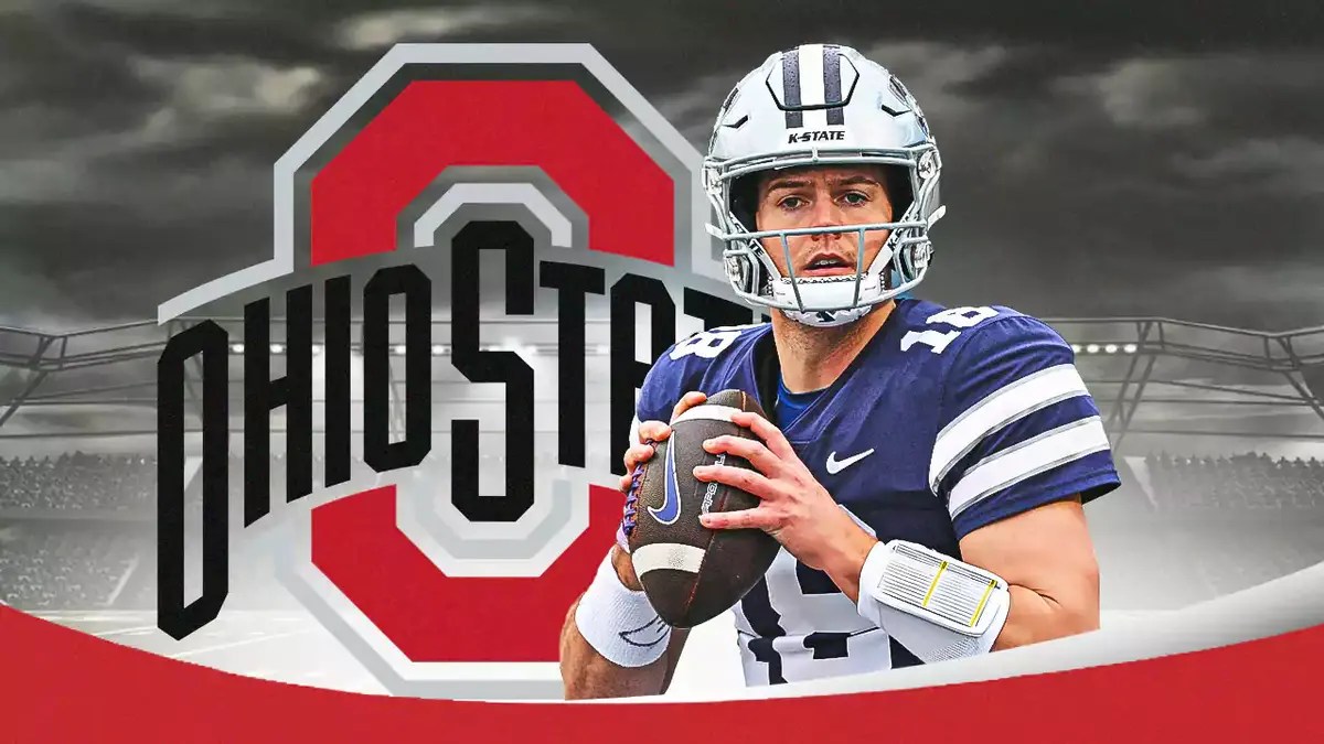 Transferee Will Howard with big Ohio State football (Buckeyes) logo at the back