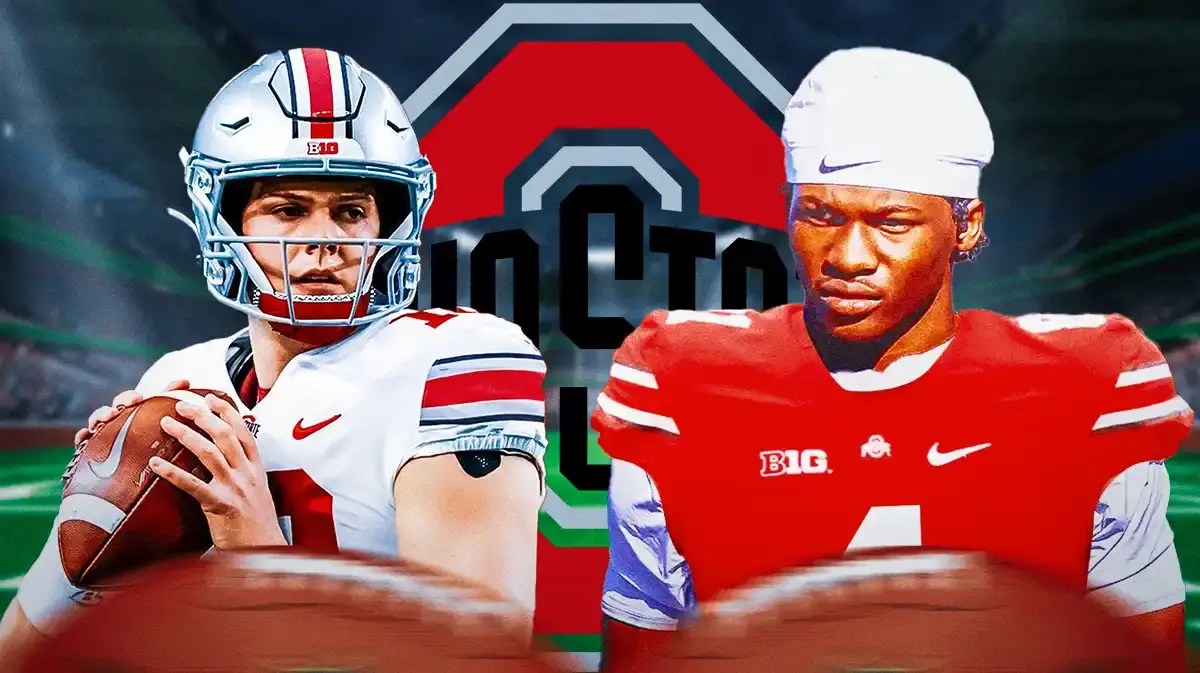 Photo: Will Howard in Ohio State gear with Jeremiah Smith in Ohio State gear and OSU logo behind them