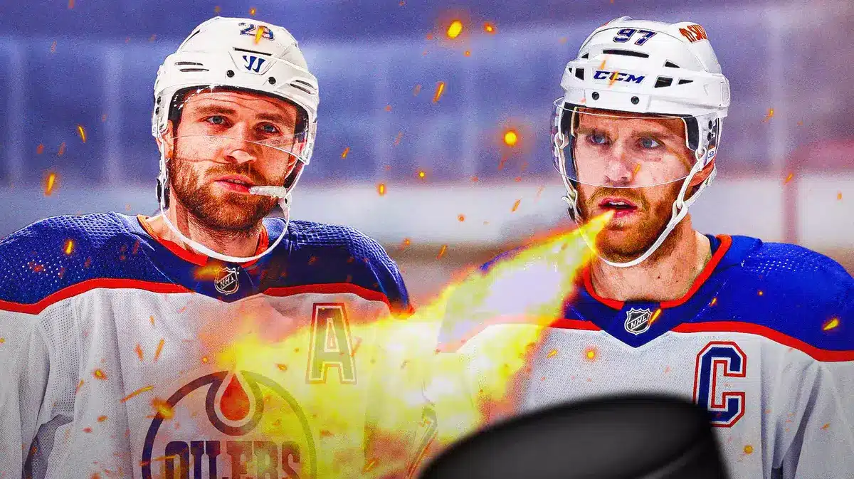 Connor McDavid looking angry breathing fire. Leon Draisaitl