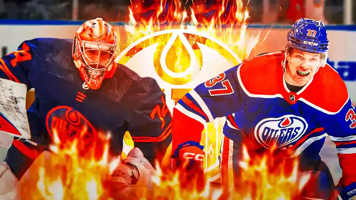Edmonton Oilers logo on fire in the middle. Warren Foegele and Stuart Skinner on either side