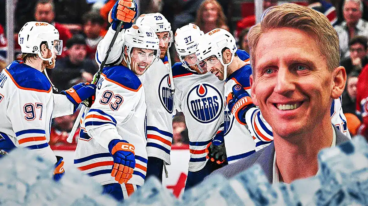 Oilers coach Kris Knoblauch with his players celebrating.