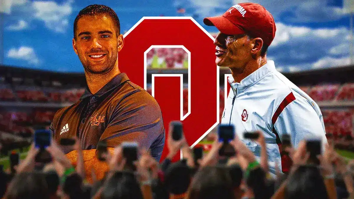 Zac Alley beside Brent Venables with big Oklahoma football logo at the back