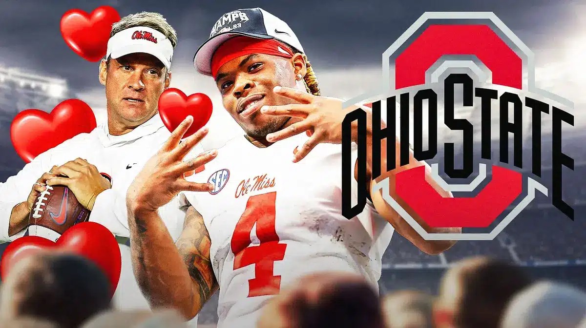 Ole Miss' Lane Kiffin with hearts all over him while looking at Quinshon Judkins in an Ole Miss uni, with Ohio State Buckeyes logo beside Judkins