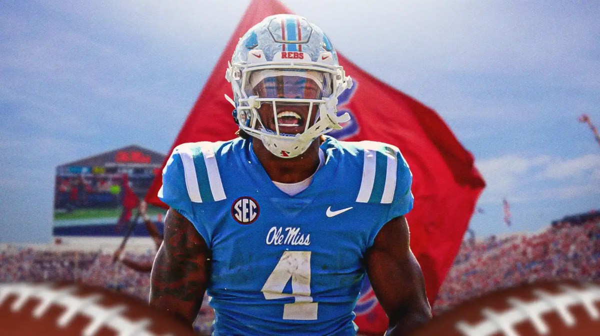 Ole Miss football, Rebels, Quinshon Judkins, Quinshon Judkins transfer, Transfer portal, Quinshon Judkins in Ole Miss uni with Ole Miss football stadium in the background