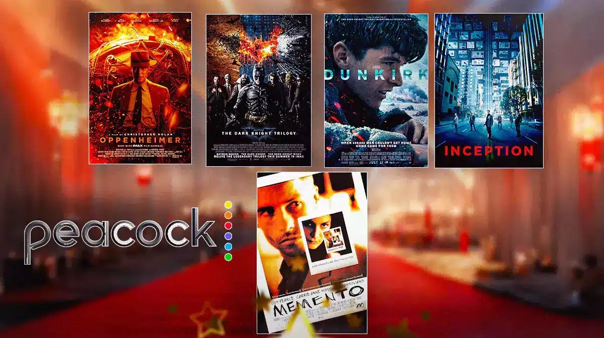 Collage of movie poster images for OPPENHEIMER, The Dark Knight trilogy, Dunkirk, Inception and Memento, along with the peacock logo