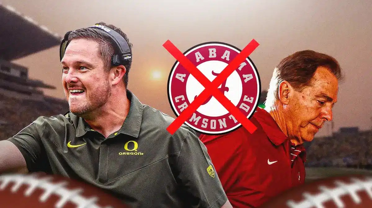Dan Lanning coaching Oregon football with an X through the Alabama Crimson Tide logo beside him, Nick Saban in the background