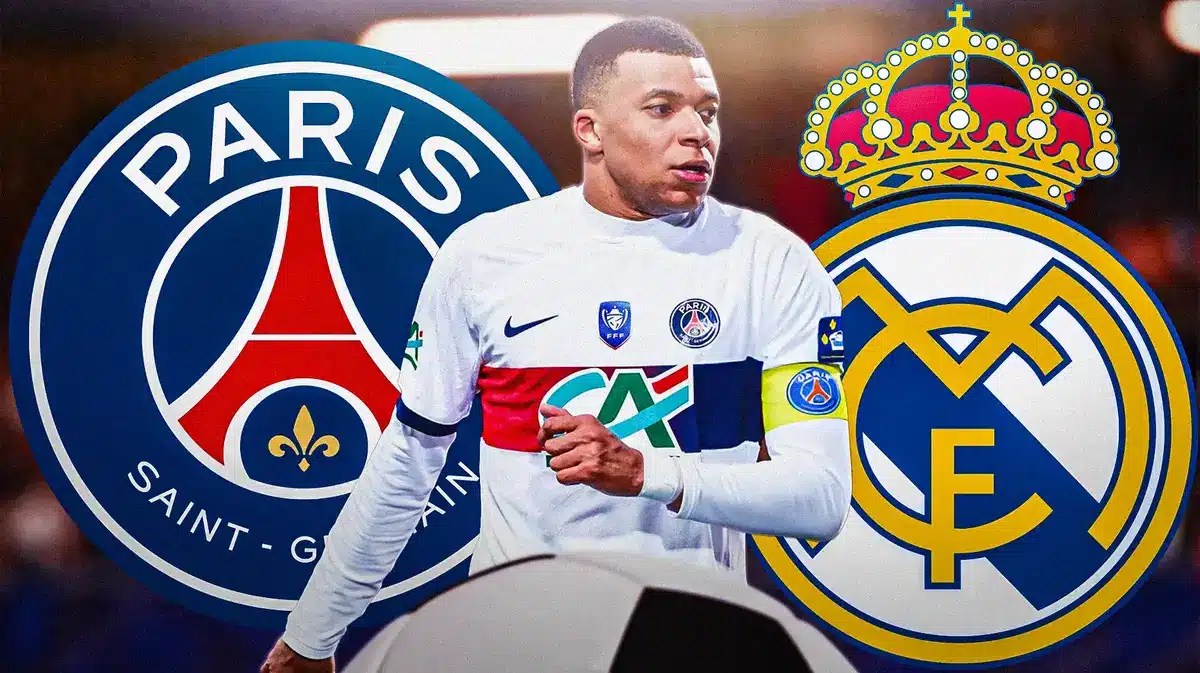 Kylian Mbappe in front of the PSG and Real Madrid logos