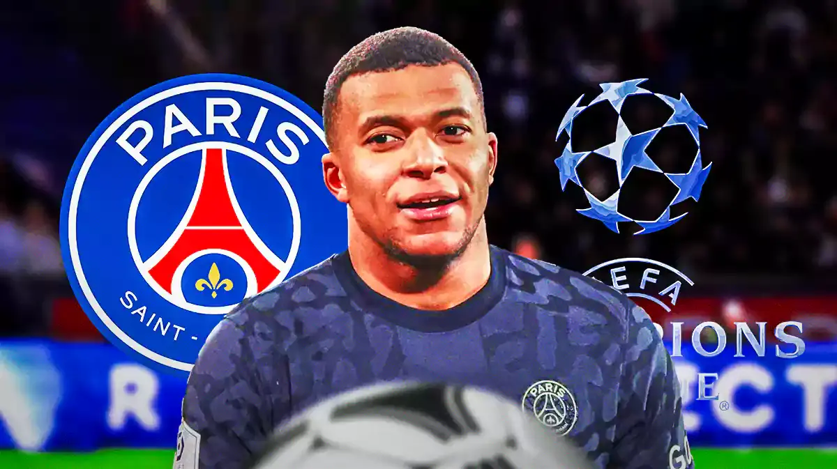 Kylian Mbappe in front of the PSG and Champions League logo