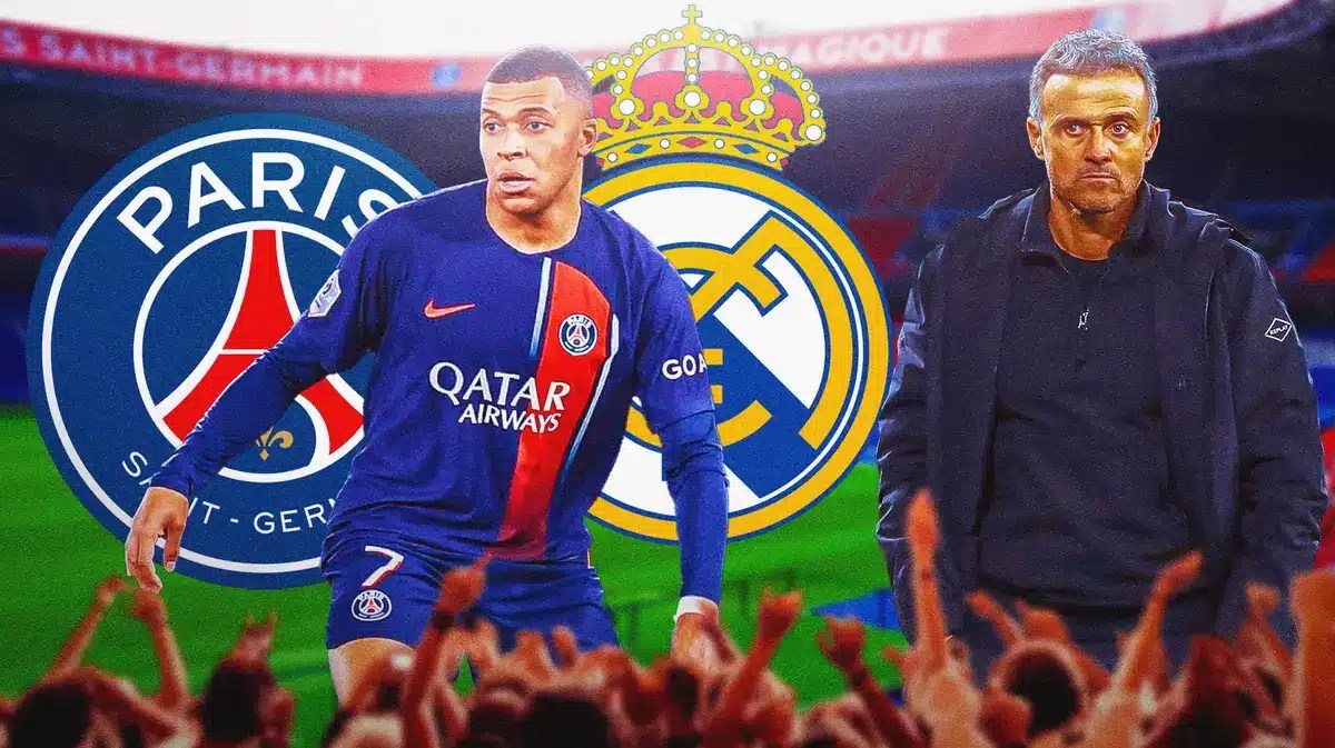 Luis Enrique and Kylian Mbappe in front of the PSG and Real Madrid logo