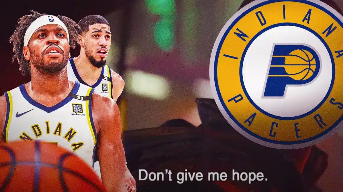 Buddy Hield and Tyrese Haliburton looking at Hawkeye in the don’t do that don’t give me hope meme, with the Pacers logo on Hawkeye