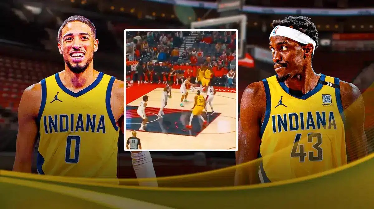 Pacers' Pascal Siakam and Tyrese Haliburton smiling, with screenshot of Siakam’s shot on the side