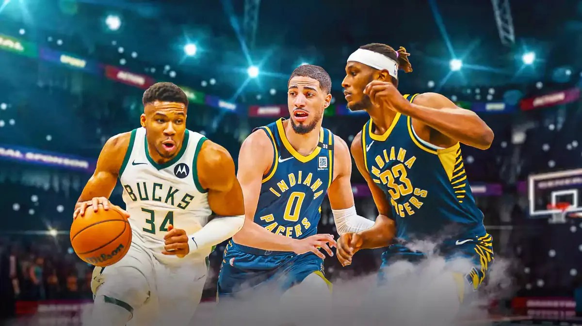 Pacers' Tyrese Haliburton and Myles Turner guarding Bucks' Giannis Antetokounmpo