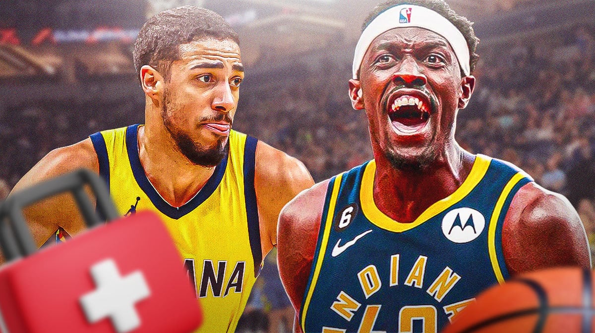 Pascal Siakam on one side, Tyrese Haliburton on the other side with an injury kit in front of him