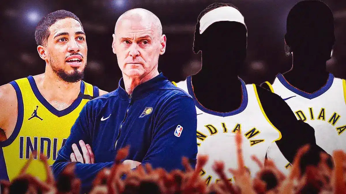 Pacers' Tyrese Haliburton and Rick Carlisle looking at silhouettes of two Pacers players