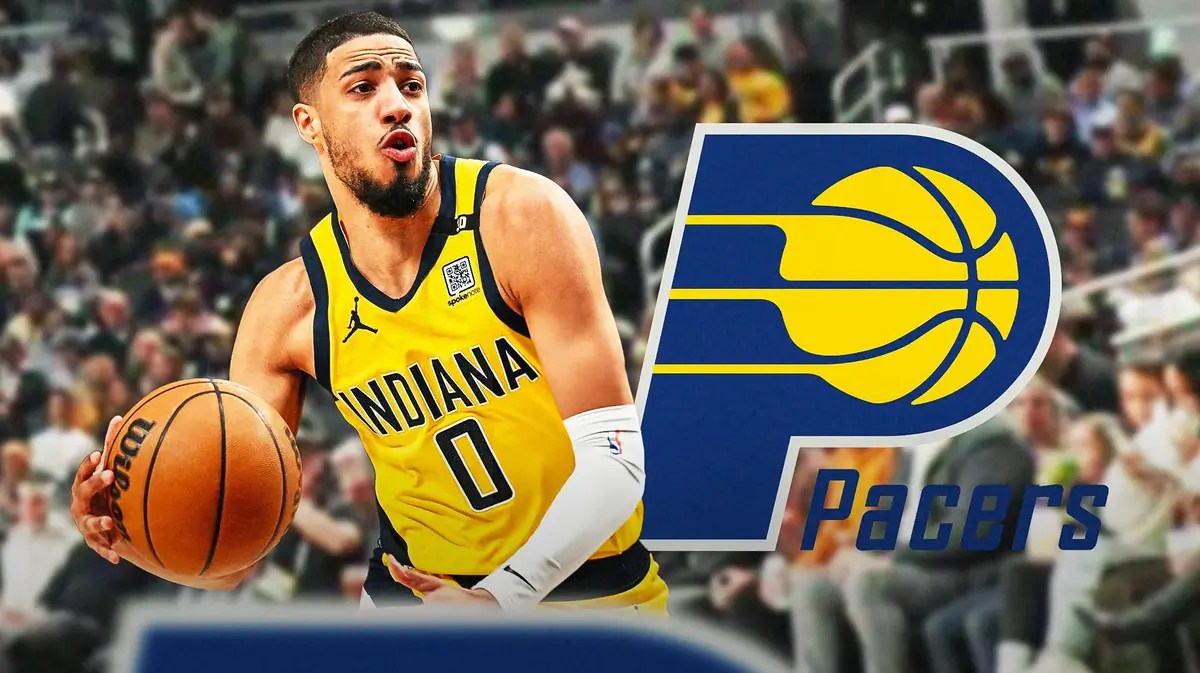 Pacers' Tyrese Haliburton charges up the floor during the Celtics game, Pascal Siakam watches from the other side of the court