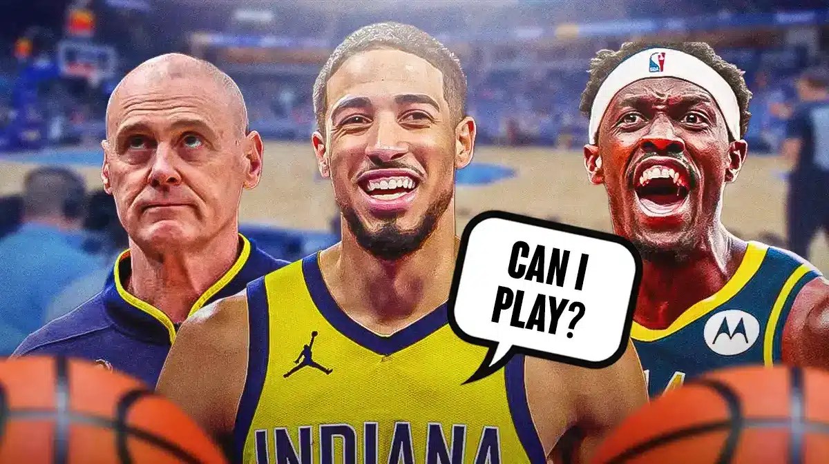 Pacers' guard Tyrese Haliburton saying "Can I play?" Next to Rick Carlise and Pascal Siakam